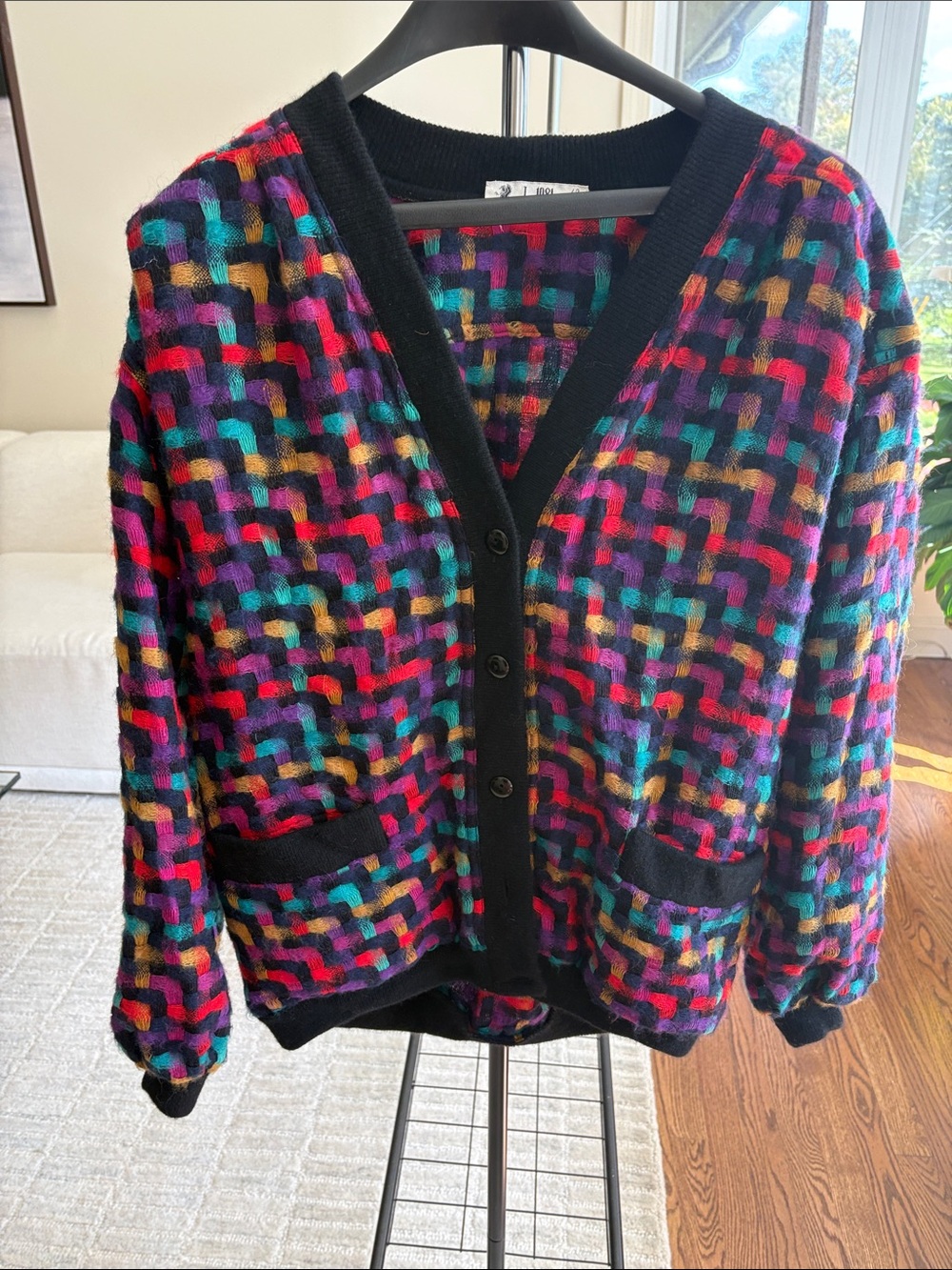 Multicolor Geometric V-Neck Button Cardigan - Black Trim
